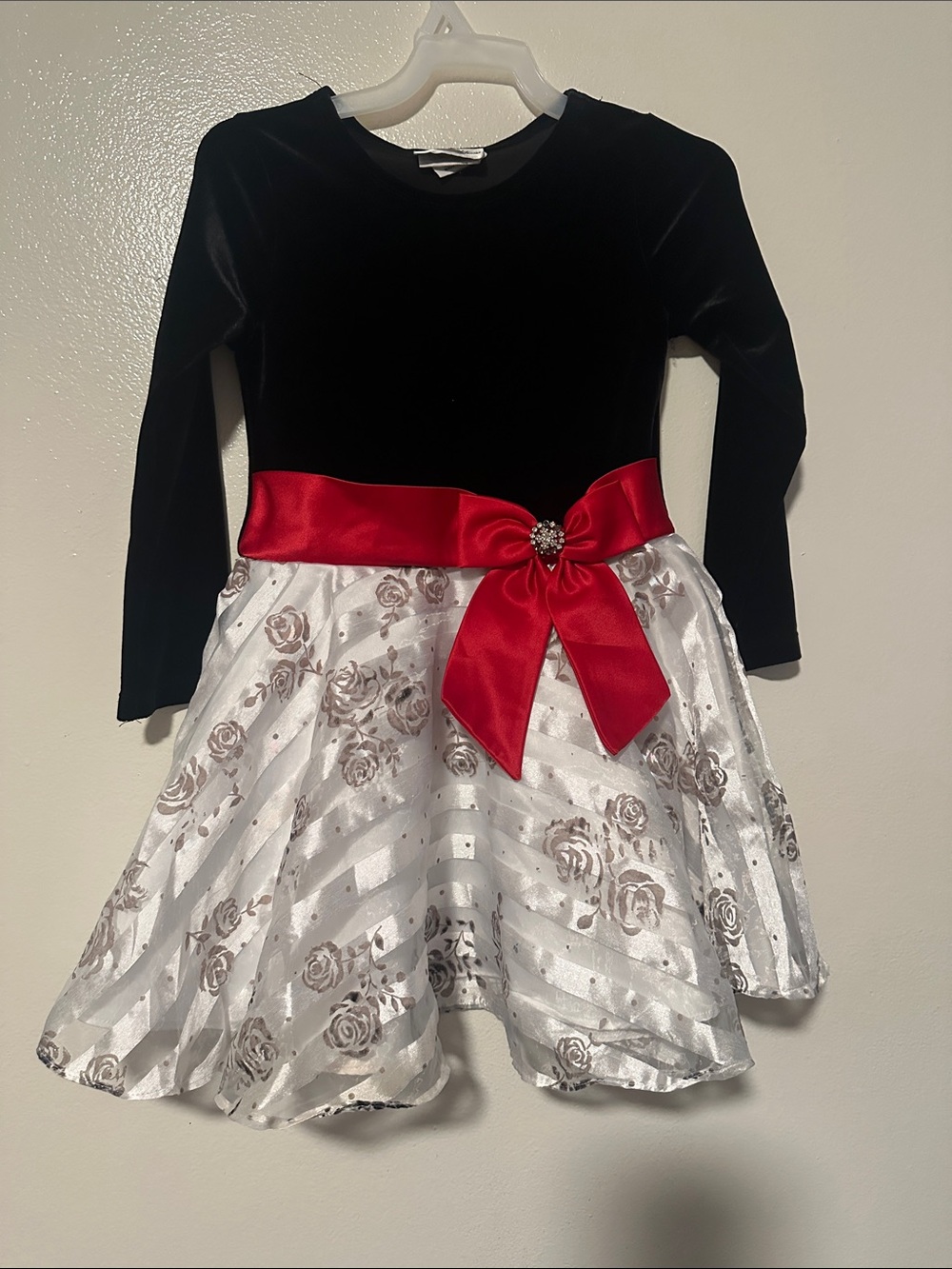 Rare Editions Black Velvet Top with White Floral Skirt and Red Bow